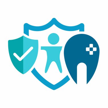 Canlı bir turkuaz kalkan grafiği çocuklar için kapsamlı diş sigortasını sembolize eder. Broşürler, web siteleri ve pediatrik dişçilik, aile sağlığı hizmetleri ve önleyici diş bakımıyla ilgili sunumlar için idealdir. Vektör illüstrasyon feası