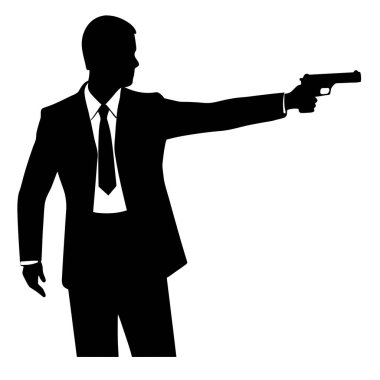 Silah doğrultan bir iş adamının dramatik silueti gizli ajanlar, suç ve kurumsal casusluk temaları çağrıştırıyor. Güç kavramlarını, tehlikeyi ve iş dünyasındaki ya da gerilim içeriklerindeki gizli gündemleri göstermek için mükemmel. Yüksek kaliteli gr vektörü