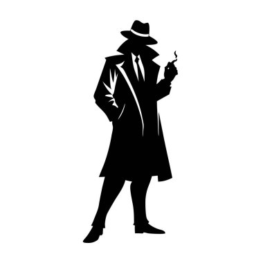 Gölgeli bir figür, paltolu ve fötr şapkalı sigara içen bir adam. Siyah ve beyaz vektör illüstrasyonu klasik bir kara film estetiğini çağrıştırıyor. Gizemli, klasik ya da gangster temalı bir hissiyata ihtiyaç duyan projeler için mükemmel. Web siteleri için ideal duruş