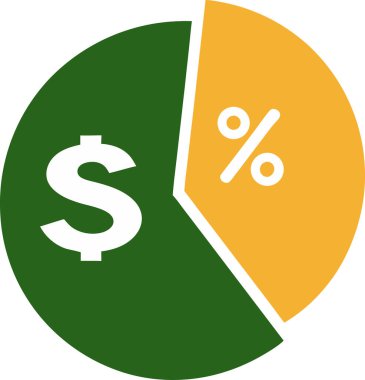 Bu bilgi, dolar miktarlarını ve yüzdeleri gösteren bölünmüş bir pasta grafiği kullanarak finansal verileri görselleştirir. Sunumlar, raporlar ve yatırım, bütçe ve finansal analizler hakkında makaleler için ideal. Grafikte yeşil ve altın rengi kullanılıyor.