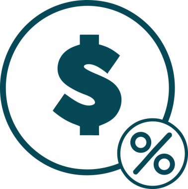Yüzdelik bir sembol (%) içinde dolar işareti ($) tasvir eden temiz, modern bir vektör simgesi. Sunumlar, web siteleri ve finans, yatırım, faiz oranları, ROI ve finansal büyüme ile ilgili uygulamalar için idealdir. Grafik basit, kolayca ölçeklenebilir.