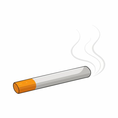 Beyaz arka planda izole edilmiş yanan bir sigaranın basit, minimalist çizgi film çizimi. Sigara, bağımlılık, sağlık riskleri ve halk sağlığı kampanyalarıyla ilgili makaleleri ve tasarımları resmetmek için mükemmel. Vektör grafiği, 