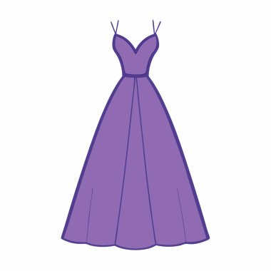 Uzun mor bir elbisenin zarif bir çizimi, moda tasarımı, web siteleri veya sunumlar için mükemmel. Zarif bir siluet ve güzel bir detay içeriyor. Resmi etkinlikler, balo, düğünler ya da nedime kıyafeti için ideal. Vektör grafiği, kolayca düzenleme