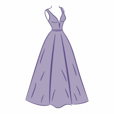 Zarif lavanta rengi balo elbisesi tasarımı, moda blogları, web siteleri ve yayınları için mükemmel. Sofistike ve kadınsı bir silueti gösteren detaylı bir çizim. Balo, düğün ya da nedime teması için ideal. Vektör biçimi sağlama