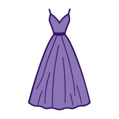 Uzun, zarif, mor bir elbisenin sofistike bir çizimi. Moda, düğün veya balo tasarımları için mükemmel. Bu grafik, zarif bir kadın siluetini güzel ve resmi bir elbiseyle tasvir ediyor. Web siteleri, davetiyeler ve giyim tasarımları için ideal