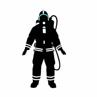 Tam koruyucu giysili bir itfaiyecinin dramatik silüeti kaskı, oksijen tankını ve diğer gerekli ekipmanları sergiliyor. Güvenlik, kurtarma, acil durum hizmetleri ve cesaretle ilgili kavramlar için idealdir. Grafik tasarımı ve web siteleri için mükemmel, 