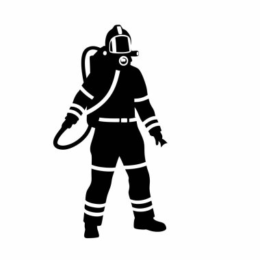 Tam koruyucu giysili bir itfaiyecinin dramatik silueti, arka planda dikiliyor. Cesaret, güvenlik ve acil durum tepkisinin temaları için ideal. Grafik tasarımı, web siteleri ve yangın saflığıyla ilgili yayınlar için mükemmel