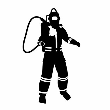 Güçlü bir itfaiyeci silueti. Cesareti, cesareti ve kendini acil müdahaleye adamış. Kahramanlık, güvenlik ve korunma temalarını göstermek için mükemmel. Yüksek kaliteli vektör grafiği, tasarım projeleri ve web siteleri için ideal