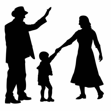 Neşeli bir aile silueti, anne-baba ve çocuk temiz beyaz bir arkaplanda birlikte dans ediyorlar. Bu vektör çizimi aile hayatının mutluluğunu ve birliğini yakalar, klasik, zarif ve zamansız bir his gerektiren tasarımlar için mükemmeldir. Profesyoneller için ideal