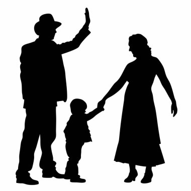 Mutlu bir ailenin yürek ısıtan silueti, anne-babalar ve çocuklar el ele tutuşuyor, birlik, sevgi ve aile değerlerini sembolize ediyor. Birliktelik, destek ve çocukluk kavramlarını göstermek için mükemmel. Temiz, minimalist vektör çizimi, izole edilmiş...