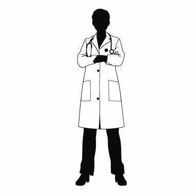 Güçlü, kendine güvenen bir doktorun silueti, kollarını kavuşturmuş, laboratuvar önlüğü giymiş. Sağlık, sağlık ve hastane projeleri için mükemmel. Bu vektör grafiği, profesyonel ve sembolik bir sunuma ihtiyaç duyan web siteleri, broşürler ve sunumlar için idealdir. 