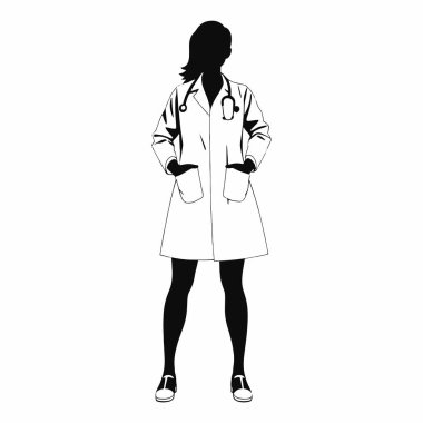 Kadın bir doktorun silueti, sağlık, tıbbi ve sağIık kavramları için ideal. Bu vektör illüstrasyonunda laboratuvar önlüklü profesyonel bir kadın var. Beceri ve özen gösteriliyor. Web siteleri, broşürler ve sunumlar için mükemmel