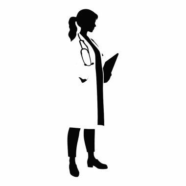Kadın bir doktorun silueti, sağlık uzmanlarını temsil ediyor. İnternet siteleri, broşürler ve tıp, sağlık, sağlık ve hasta bakımıyla ilgili sunumlar için idealdir. Çok yönlülük için siyah ve beyaz tasarım. Tıbbı resmetmek için mükemmel