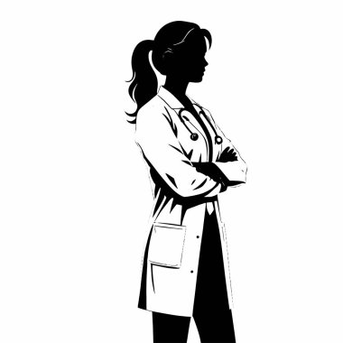 Güçlü, kendine güvenen bir kadın doktor silueti, kollarını kavuşturmuş, şık siyah beyaz bir vektör çizimi. Sağlık, tıbbi ve profesyonel temalar için mükemmel. İnternet siteleri, broşürler ve güçlü ve zarif sunumlar için ideal. 