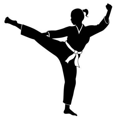 Güçlü bir dişi karatekanın dinamik silueti yüksek bir tekme atıyor. Dövüş sanatları, fitness, güç ve kadınların güçlendirilmesi ile ilgili projeler için mükemmel. Yüksek çözünürlüklü vektör çizimi, kolayca ölçeklenebilir ve çeşitli tasarım n