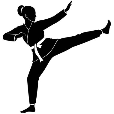 Güçlü bir kadın dövüşçünün dinamik silueti yüksek bir tekme atıyor. Karate, dövüş sanatları, fitness, nefsi müdafaa, güç ve yetkilendirmeyle ilgili projeler için mükemmel. Vektör illüstrasyonu, siyah ve beyaz, grafik tasarımı için ideal ve