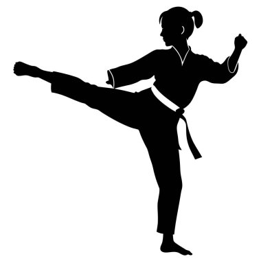 Güçlü bir tekme atan genç bir kadın dövüş sanatçısının dinamik silüeti. Fitness, güç, nefsi müdafaa ve dövüş sanatlarıyla ilgili projeler için mükemmel. Yüksek kaliteli vektör çizimi, beyaz arkaplanda izole edilmiş, kesme için ideal