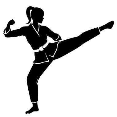 Yüksek karate tekmesi atan güçlü bir kadının dinamik silueti. Dövüş sanatları, fitness, güç, nefsi müdafaa ve güçlendirmeyle ilgili projeler için idealdir. Vektör illüstrasyonu, siyah ve beyaz, çeşitli tasarımlara kolayca adapte edilebilir. Mükemmel.