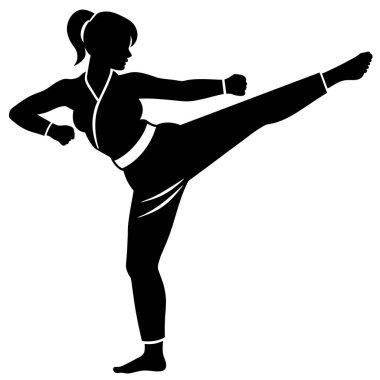 Yüksek karate tekmesi atan güçlü bir kadının dinamik silueti. Güç, zindelik ve dövüş sanatları hünerlerini gösteriyor. Web siteleri, posterler ve nefsi müdafaa, spor ve sağlıklı yaşamla ilgili tasarımlar için mükemmel. Vektör grafik, siyah ve 