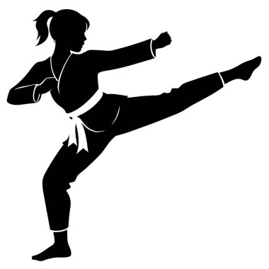 Güçlü genç bir kadının silueti dinamik bir yüksek tekme atıyor. Dövüş sanatları, fitness, güç ve kadın güçleriyle ilgili projeler için mükemmel. Yüksek çözünürlüklü vektör çizimi, baskı ve web kullanımı için ideal. Siyah ve beyaz estetik.