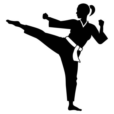 Güçlü bir kadın dövüşçünün dinamik silueti yüksek bir tekme atıyor. Fitness, nefsi müdafaa, güç ve kadınların güçlendirilmesi ile ilgili projeler için mükemmel. Yüksek kalite vektör çizimi, grafik tasarımı ve web kullanımı için ideal. Bl