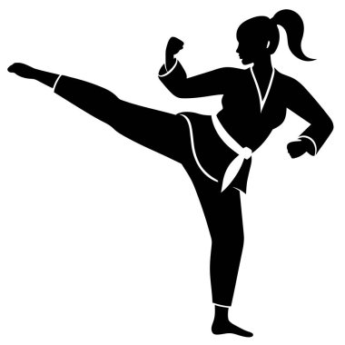 Güçlü bir kadın dövüş sanatçısı silueti dinamik bir yüksek tekme atıyor. Fitness, güç, nefsi müdafaa, dövüş sanatları veya kadınları güçlendirme gibi projeler için mükemmel. Yüksek çözünürlüklü vektör grafiği, çeşitli uygulamalar için kolayca ölçeklenebilir