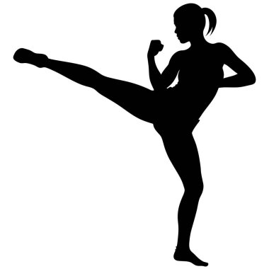 Güçlü bir kadının silueti yüksek dinamik bir tekme atıyor. Güç, fitness ve dövüş sanatları becerilerini yakalar. Güçlendirme, kendini savunma ve atletizm konuları için ideal. Web siteleri, bloglar ve pazarlama materyalleri için mükemmel.