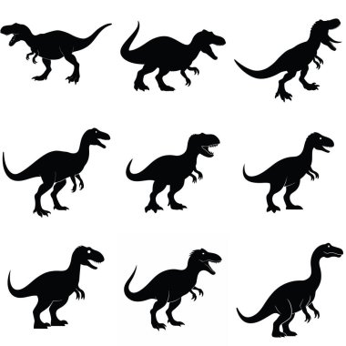 Dokuz adet titizlikle hazırlanmış dinozor silueti. Eğitim materyalleri, web siteleri veya tasarım projeleri için mükemmel. Tyrannosaurus Rex ve yırtıcılar gibi ikonik türler hem etobur hem de otobur dinozorları temsil eder.