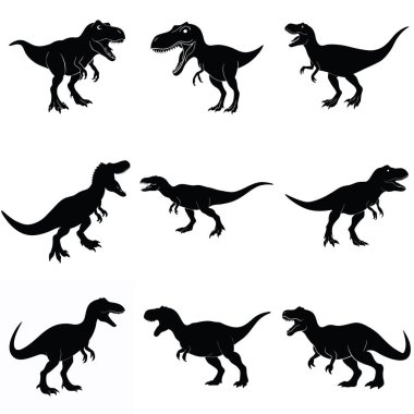 Tyrannosaurus Rex dinozorlarının dokuz vektör silueti tarih öncesi temalı tasarımlar için mükemmel. Yüksek kaliteli siyah-beyaz çizimler, logolar, web siteleri veya eğitim materyalleri için ideal. Bu çok yönlü küme değişik bir T-R koleksiyonu sağlar