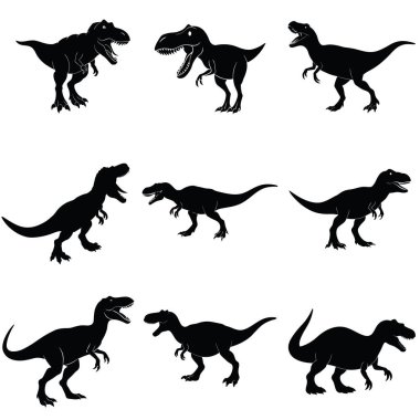 Çeşitli dinamik pozlarda Tyrannosaurus Rex siluetlerinin çeşitli bir koleksiyonu. Tarih öncesi tasarımlar, eğitim materyalleri ya da sanatsal projeler için mükemmel. Beyaz arkaplanda izole edilmiş yüksek kaliteli vektör çizimleri, versatil sunar