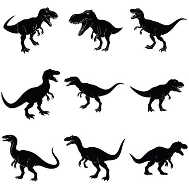 Değişik dinamik pozlarda siyah dinozor siluetlerinin çok yönlü bir koleksiyonu, tasarım projeleri için mükemmel. Tyrannosaurus Rex ve raptorlar gibi ikonik türleri içerir. Yüksek çözünürlüklü vektör grafikleri yazdırma veya yazdırma için uygun temiz, net resimler sunar 