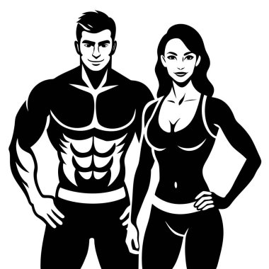 Kaslı bir erkek ve kadın vücut geliştirme çiftinin silueti. Güç ve zindelik gösteriyorlar. Spor, spor, spor ve sağlık projeleri için ideal. Motivasyon posterleri, web siteleri ve sosyal medya için mükemmel. Yüksek kaliteli vektör grafiği, a