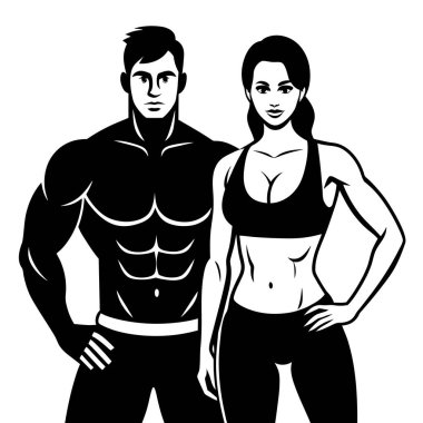 Güçlü bir siyah-beyaz vektör çizimi kaslı erkek ve kadın fitness eğitmeni bir vücut geliştirici çiftin. Beden eğitimi terfileri, fitness siteleri, spor kıyafetleri ve motivasyon posterleri için ideal. Bu güçlü siluet grafiği, sağlığı iletir.