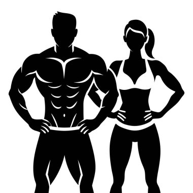Kaslı bir erkek ve kadının siluet simgeleri fitness, vücut geliştirme ve beden eğitimi projeleri için idealdir. Gücü, sağlığı ve atletizmi temsil eden bu siyah ve beyaz ikonlar çok yönlü ve etkilidir. Web siteleri, uygulamalar ve pazarlama için mükemmel.