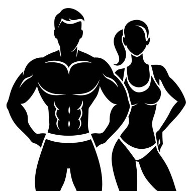 Kaslı bir erkek ve kadının silueti atletik fiziklerini sergiliyor. Fitness, vücut geliştirme ve sağlıkla ilgili tasarımlar için mükemmel. Yüksek kontrastlı siyah-beyaz vektör grafiği, baskı veya web kullanımı için idealdir. Gücü, gücü ve bir...