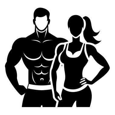 Kaslı bir erkek ve kadının siluet simgeleri fitness, vücut geliştirme ve beden eğitimi projeleri için idealdir. Web siteleri, uygulamalar ve pazarlama malzemeleri için mükemmel. Siyah ve beyaz vektör çizimi, gücü, sağlığı ve atletik başarıyı temsil eder.