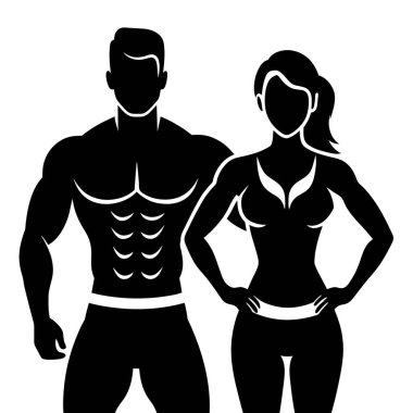 Kaslı bir erkek ve kadının siluet simgeleri fitness, vücut geliştirme ve sağlıklı aktif yaşam tarzını temsil ediyor. Spor salonu reklamları, fitness web siteleri ya da sağlık ve refah içeriği için mükemmel. Çok yönlülük için yüksek kontrastlı siyah beyaz tasarım.