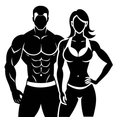 Kaslı bir erkek ve kadının silueti atletik fiziklerini sergiliyor. Fitness, vücut geliştirme ve sağlıkla ilgili projeler için ideal. Güç, güç ve sağlıklı yaşam tarzlarını ön plana çıkarıyor. Web siteleri, dergiler ve reklamlar için mükemmel