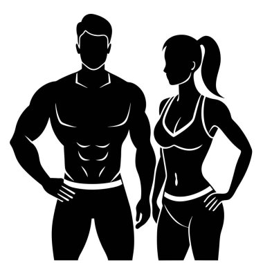 Kaslı bir erkek ve kadının dinamik silueti, vücut bulmuş zindelik, güç ve atletizm. Spor salonu promosyonları, fitness siteleri ya da sağlık ve sağlık projeleri için ideal. Yüksek kalite vektör grafiği, siyah beyaz olarak mevcut. İllus için mükemmel.