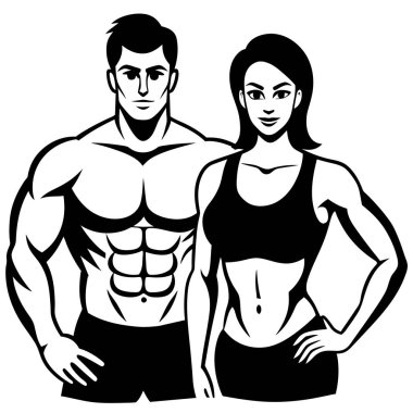 Kaslı bir fitness çifti silueti, bir erkek ve bir kadın, atletik fiziklerini sergiliyorlar. Fitness, vücut geliştirme, sağlık ve yaşam tarzı projeleri için ideal. Siyah beyaz vektör illüstrasyonu, markalaşma veya tasarım elementleri için mükemmel