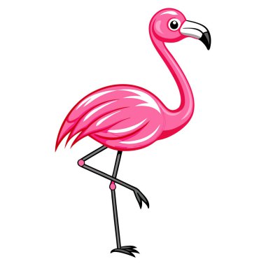Neşeli pembe flamingo karikatür çizimi, yaz tasarımları için mükemmel. İnternet siteleri, tebrik kartları, çocuk kitapları ve tropikal temalı projeler için ideal. Canlı renkler ve neşeli bir poz. Temiz beyaz sırt dekoltesi olan yüksek çözünürlüklü vektör grafiği