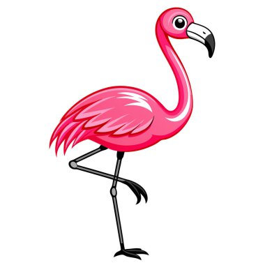 Şirin pembe flamingo karikatür çizimi, yaz tasarımları için mükemmel. Beyaz bir arka planda tek ayak üzerinde duran neşeli, mutlu bir flamingo. Web siteleri, kartlar, çocuk kitapları ve daha fazlası için ideal. Vektör grafiği, kolayca ölçeklenebilir.