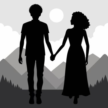 Romantik bir çiftin el ele tutuşup nefes kesen dağ manzarasının tadını çıkardığı siluet. Aşk, seyahat, macera ve barışçıl birliktelik temaları için mükemmel. Web siteleri, bloglar ve yazdırma medyası için yüksek kaliteli görüntü ideal. Siyah ve beyaz, minima
