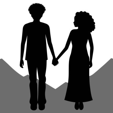 El ele tutuşan romantik bir çiftin silueti. Basit, zarif, gri tonlu bir dağ zeminine doğru yürüyorlar. Minimalist, romantik ya da ilişki temalı tasarım unsurlarına ihtiyaç duyan projeler için mükemmel. Yüksek kaliteli vektör illüstrasyonu, kolayca sca