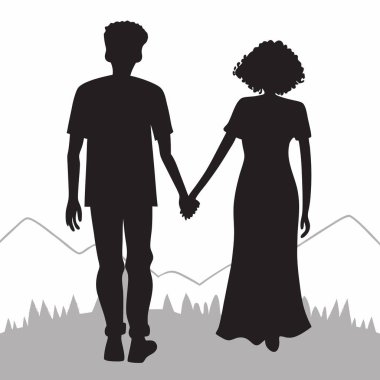 El ele tutuşan, görkemli bir dağ manzarasında gezinen bir çiftin silueti. Minimalist, romantik ya da maceraperest bir hisse ihtiyaç duyan projeler için mükemmel. Yüksek kalite vektör grafiği, web siteleri, baskılar ve sosyal medya için ideal. Siyah ve w