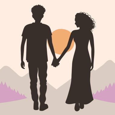 Gün batımında el ele tutuşan, görkemli dağlara bakan romantik bir çiftin silueti. Aşk, romantizm, seyahat, macera ya da huzur veren projeler için mükemmel. Minimalist vektör çizimi, arka plan, web siteleri veya tasarım için idealdir