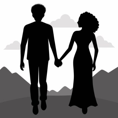 Görkemli bir dağ manzarasına karşı siluetlenmiş bir çiftin minimalist siyah beyaz vektör çizimi. Aşkı, birliği ve ortaklığı temsil etmek için mükemmel. Web siteleri, bloglar ve romantizm, seyahat veya göreceli sosyal medya için idealdir