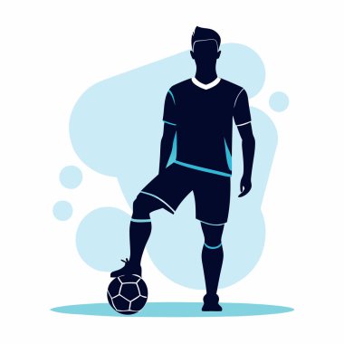 Güçlü bir erkek futbolcunun silueti elinde topla gururla harekete hazır bekliyor. Sporla ilgili tasarımlar, web siteleri ya da güçlü ve atletik bir imaj gerektiren sunumlar için mükemmel. Vektör grafik, mavi ve beyaz olarak mevcut. İl için ideal