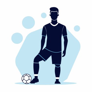 Topa vurmaya hazırlanan bir erkek futbolcunun dinamik silueti. Spor temalı tasarımlar, web siteleri ya da minimalist bir imaja ihtiyaç duyan sunumlar için mükemmel. Temiz, mavi soyut arkaplanı olan vektör grafik. Konseptler için idealdir