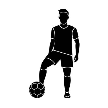 Güçlü bir erkek futbolcunun silueti ayaklarının altında bir topla ayakta duruyor. Sporla ilgili tasarımlar, web siteleri ya da basit, ikonik bir grafik gerektiren sunumlar için mükemmel. Yüksek kaliteli vektör çizimi, çeşitli uygulamalar için kolayca ölçeklenebilir